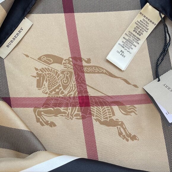 New Burberry Scarf Beige Check Black Border Silk Wrap - Picture 8 of 12